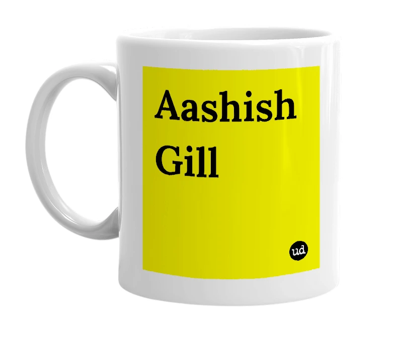 White mug with 'Aashish Gill' in bold black letters