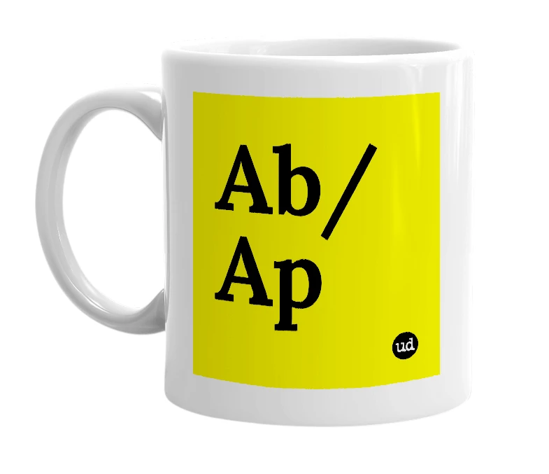 White mug with 'Ab/Ap' in bold black letters