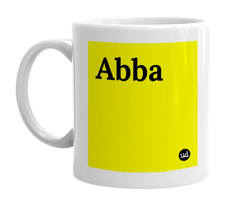 White mug with 'Abba' in bold black letters
