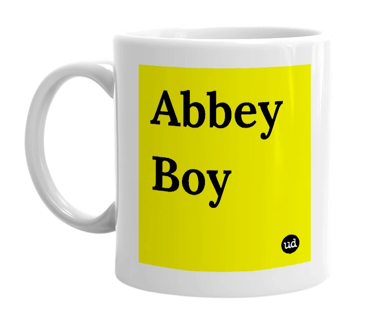 White mug with 'Abbey Boy' in bold black letters