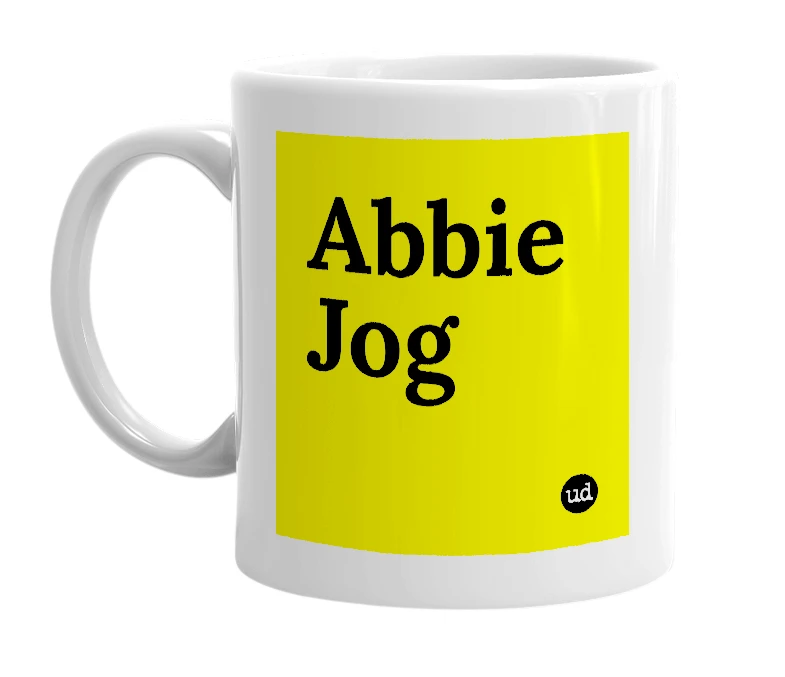 White mug with 'Abbie Jog' in bold black letters