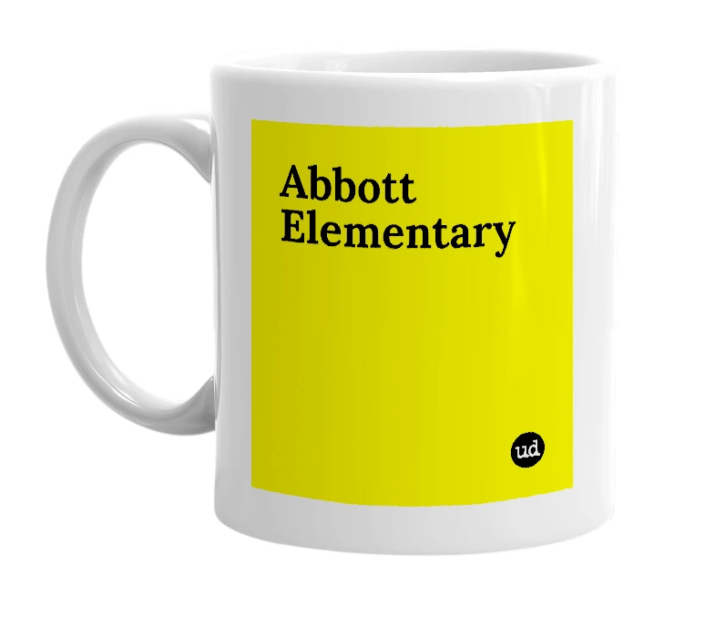 White mug with 'Abbott Elementary' in bold black letters