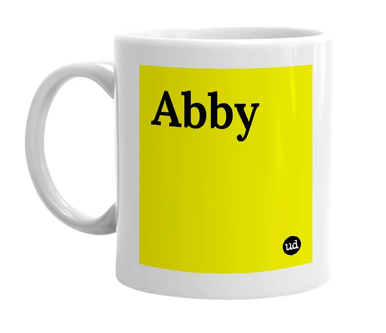White mug with 'Abby' in bold black letters
