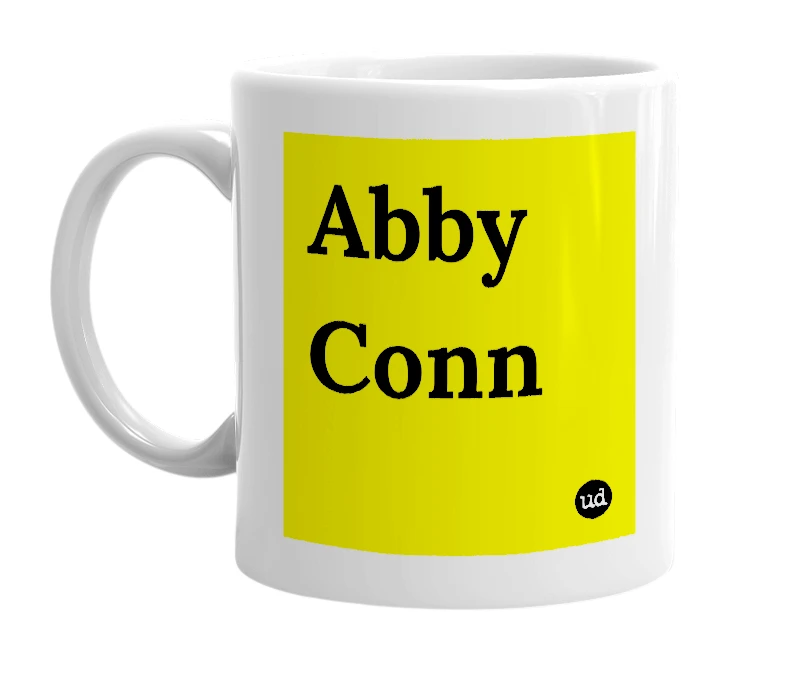 White mug with 'Abby Conn' in bold black letters