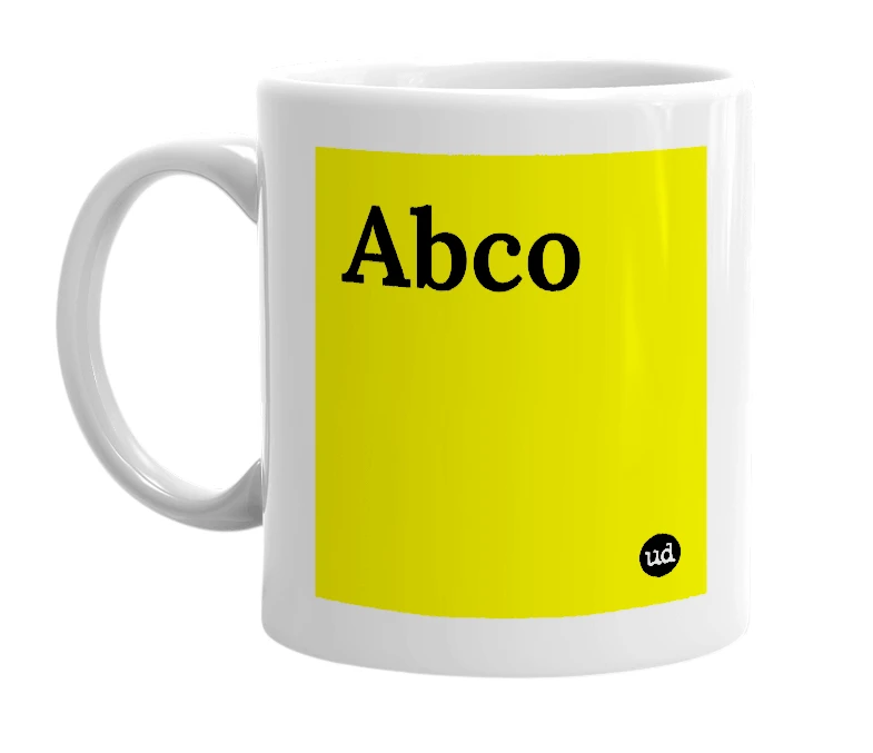 White mug with 'Abco' in bold black letters