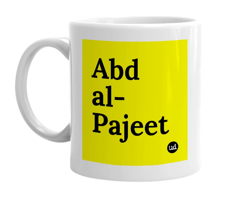 White mug with 'Abd al-Pajeet' in bold black letters