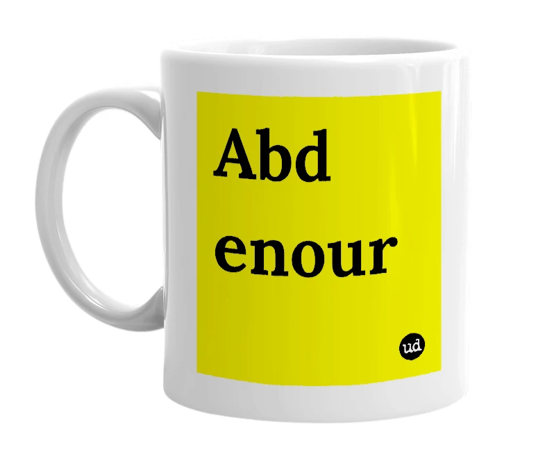 White mug with 'Abd enour' in bold black letters