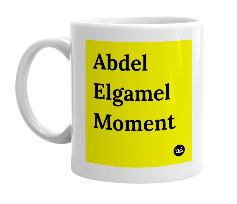 White mug with 'Abdel Elgamel Moment' in bold black letters