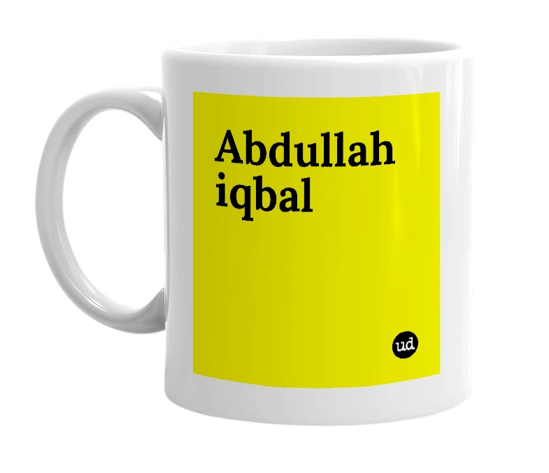 White mug with 'Abdullah iqbal' in bold black letters