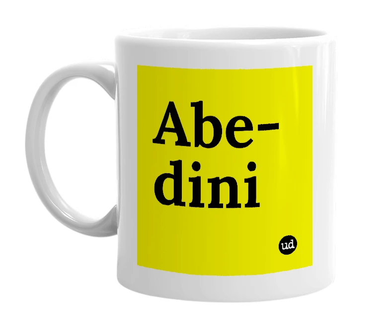 White mug with 'Abe-dini' in bold black letters