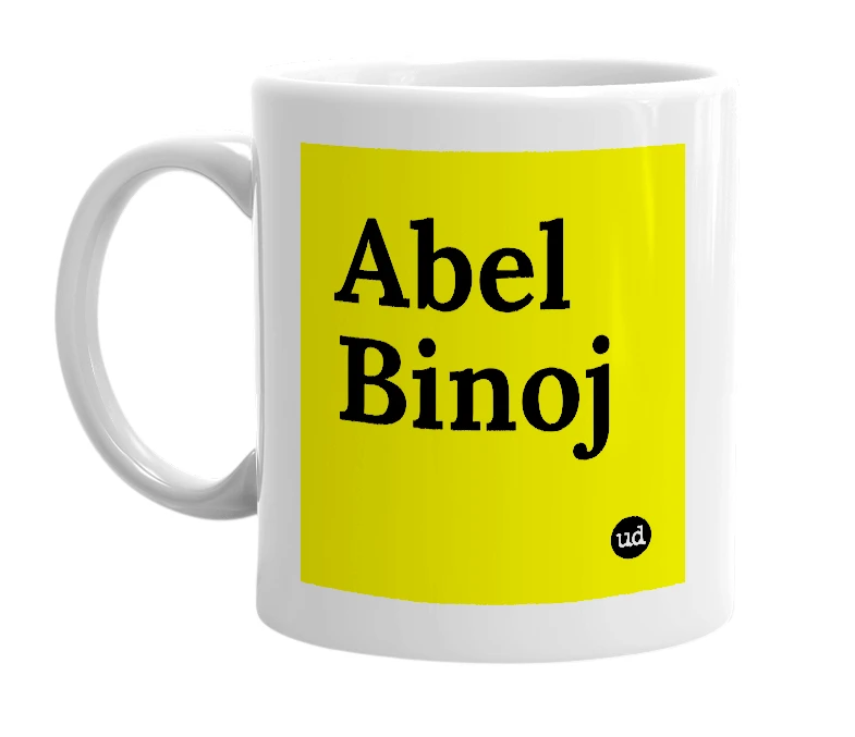 White mug with 'Abel Binoj' in bold black letters
