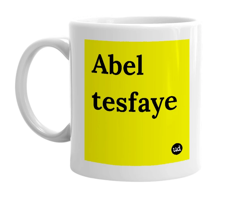 White mug with 'Abel tesfaye' in bold black letters