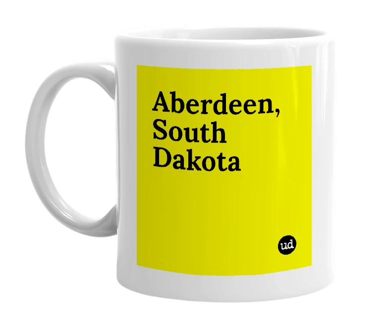 White mug with 'Aberdeen, South Dakota' in bold black letters