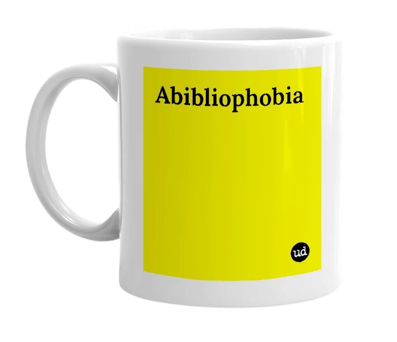 White mug with 'Abibliophobia' in bold black letters
