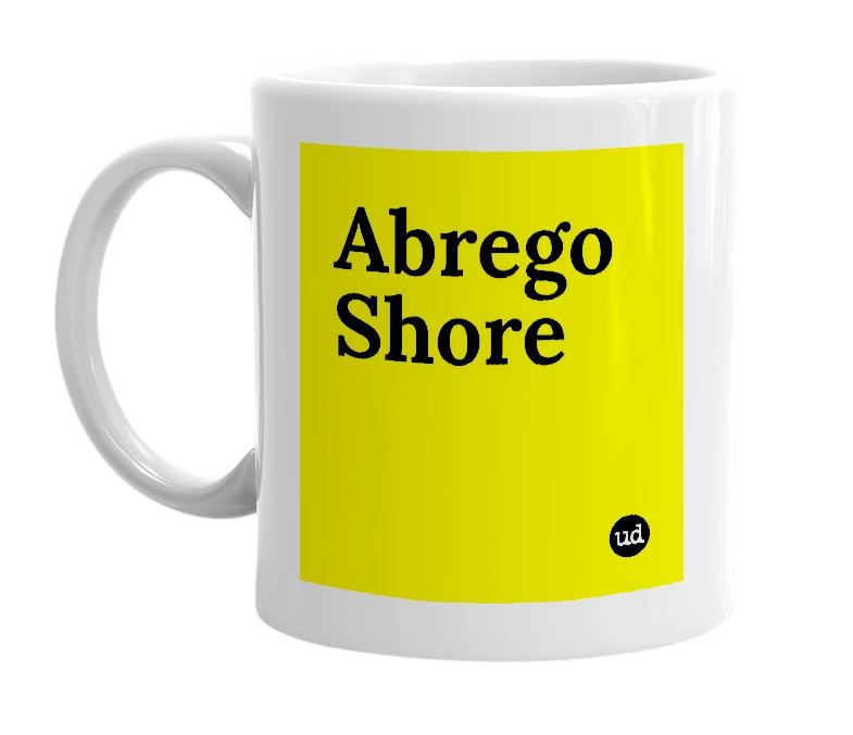 White mug with 'Abrego Shore' in bold black letters