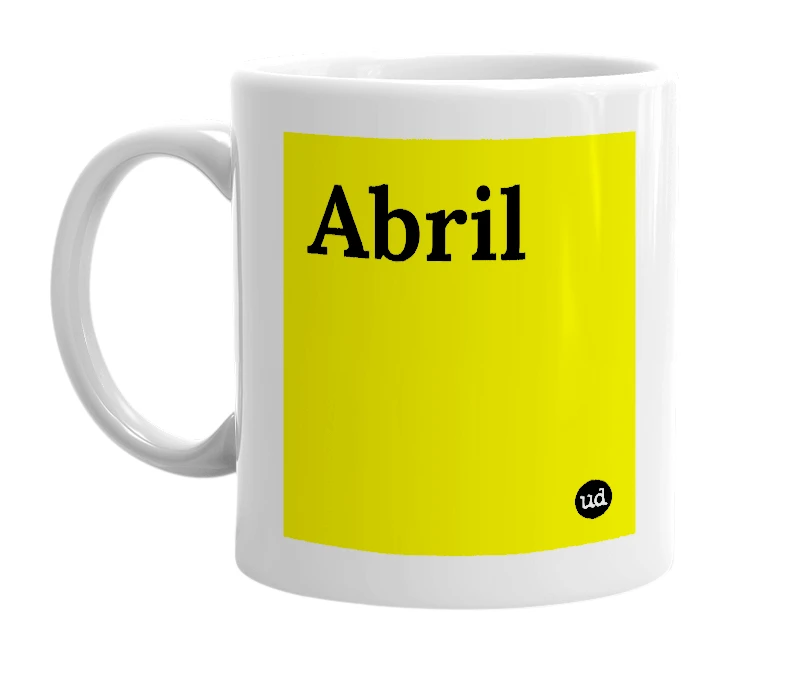 White mug with 'Abril' in bold black letters