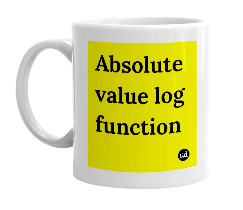 White mug with 'Absolute value log function' in bold black letters