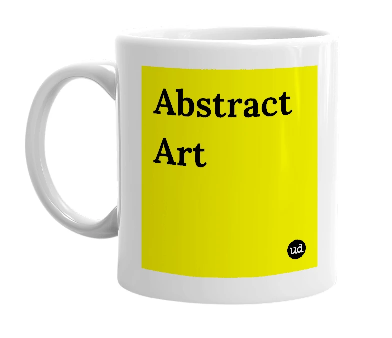 White mug with 'Abstract Art' in bold black letters