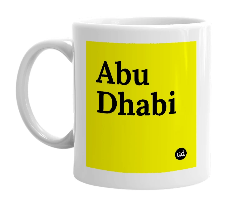 White mug with 'Abu Dhabi' in bold black letters