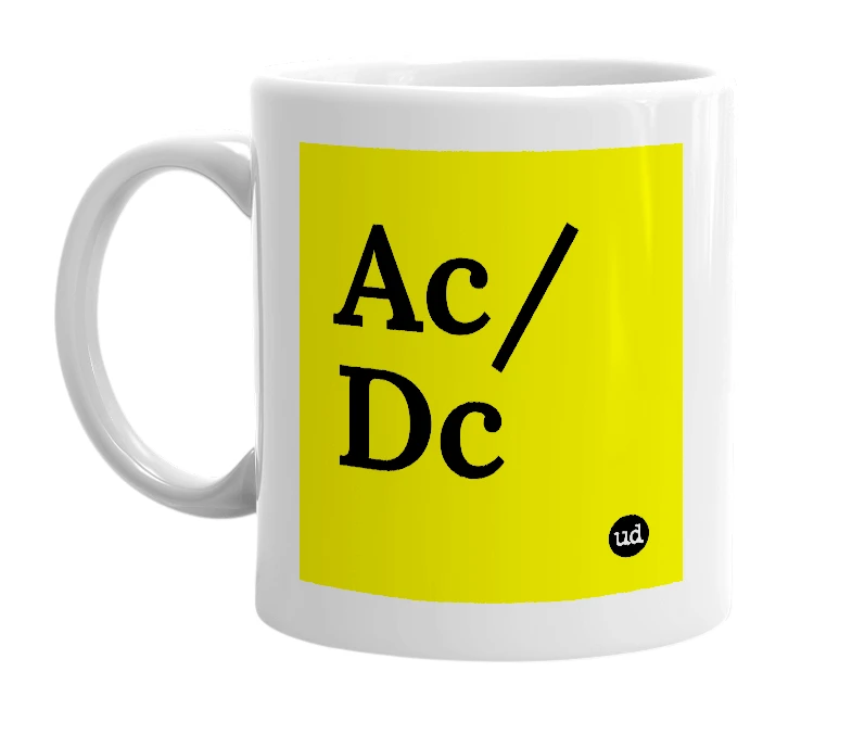 White mug with 'Ac/Dc' in bold black letters