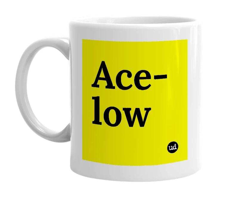 White mug with 'Ace-low' in bold black letters