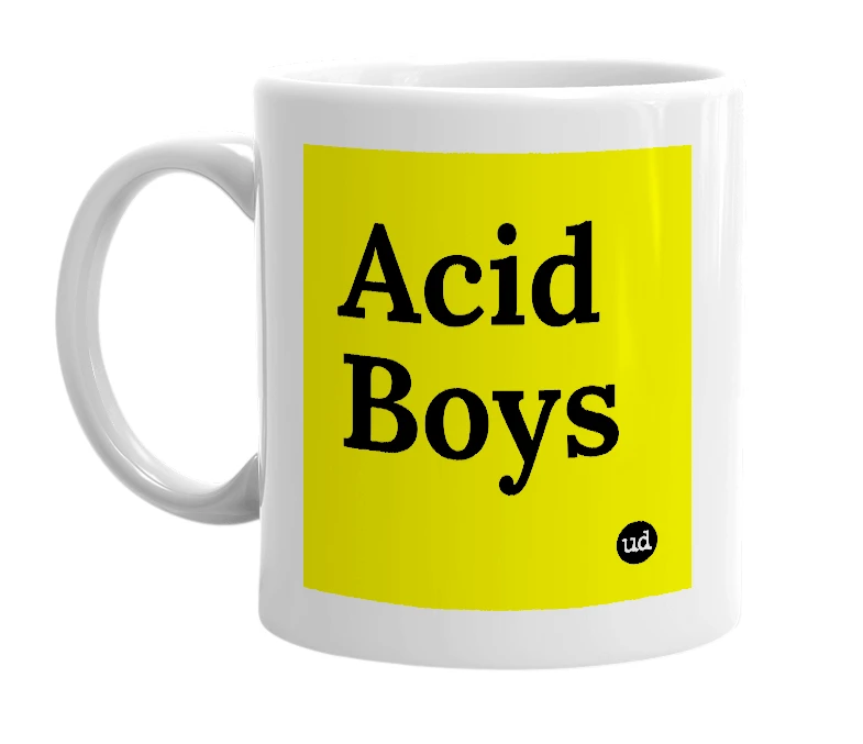 White mug with 'Acid Boys' in bold black letters
