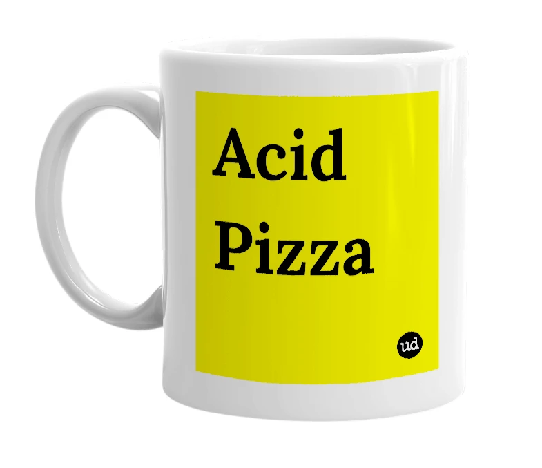 White mug with 'Acid Pizza' in bold black letters