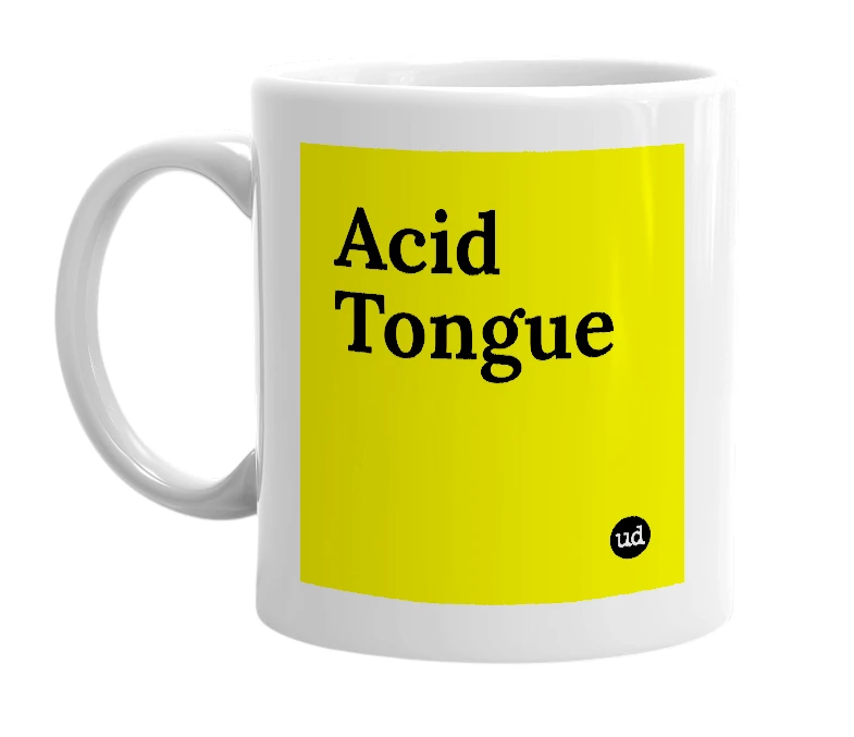 White mug with 'Acid Tongue' in bold black letters