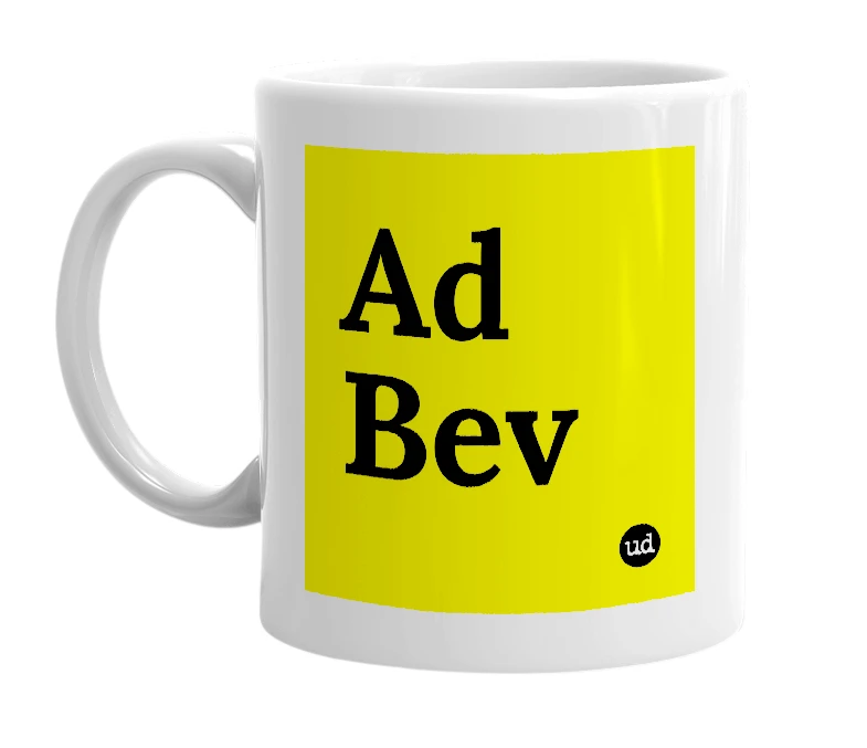 White mug with 'Ad Bev' in bold black letters