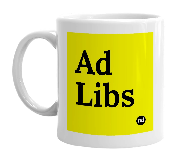 White mug with 'Ad Libs' in bold black letters