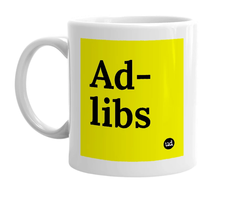 White mug with 'Ad-libs' in bold black letters