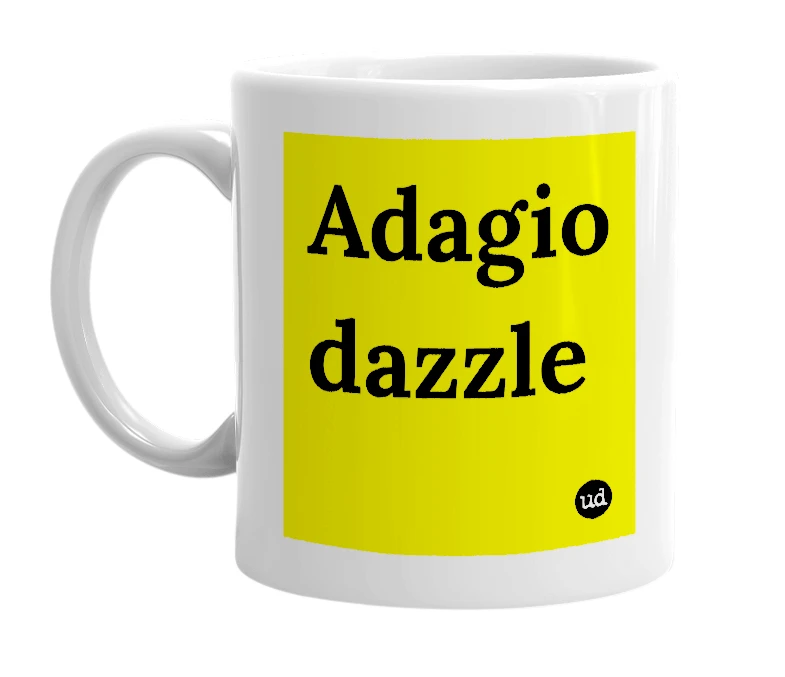 White mug with 'Adagio dazzle' in bold black letters