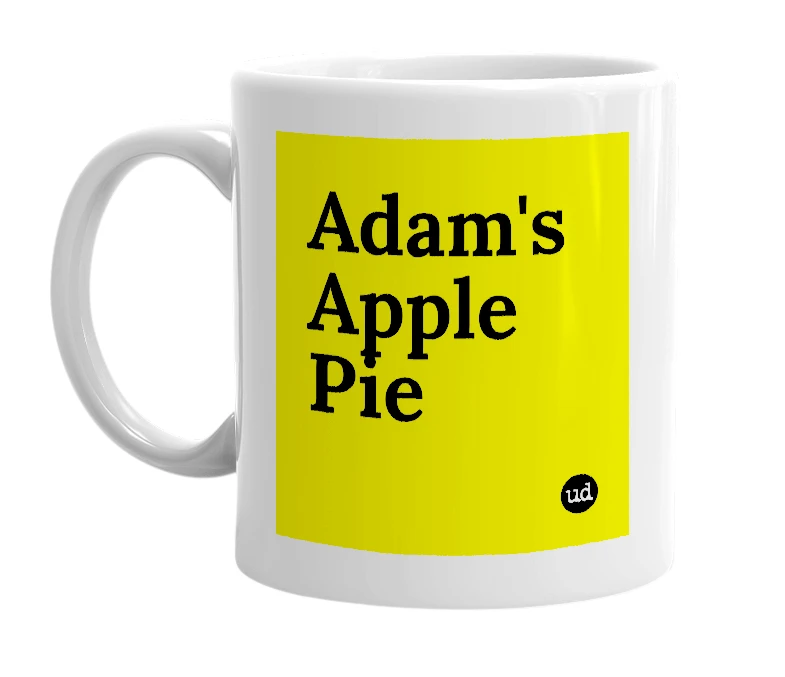 White mug with 'Adam's Apple Pie' in bold black letters