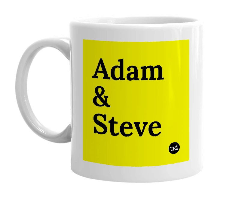White mug with 'Adam & Steve' in bold black letters