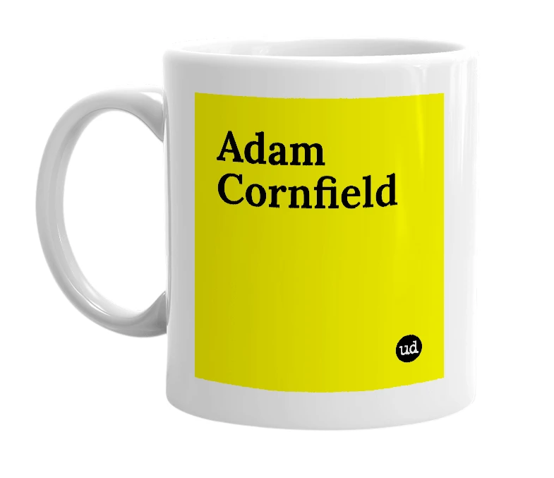 White mug with 'Adam Cornfield' in bold black letters