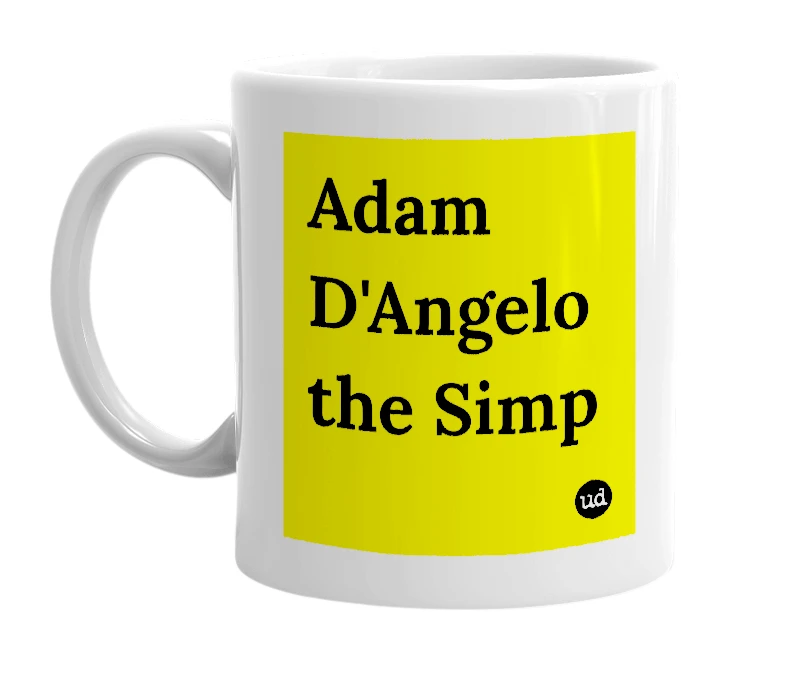 White mug with 'Adam D'Angelo the Simp' in bold black letters