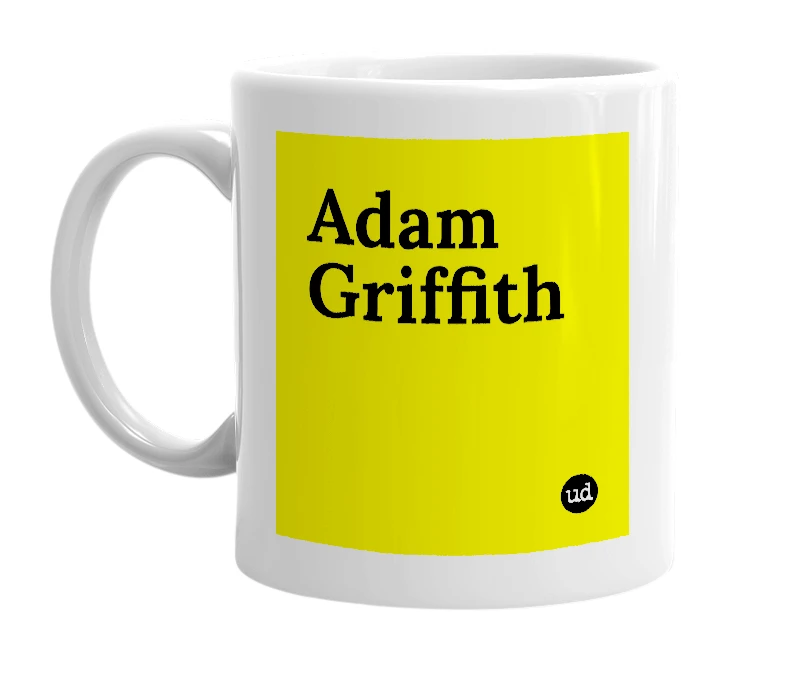 White mug with 'Adam Griffith' in bold black letters