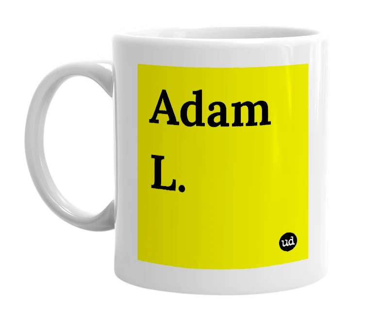 White mug with 'Adam L.' in bold black letters