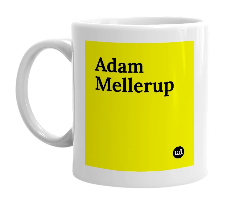 White mug with 'Adam Mellerup' in bold black letters