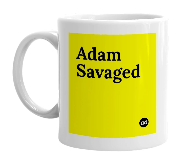 White mug with 'Adam Savaged' in bold black letters