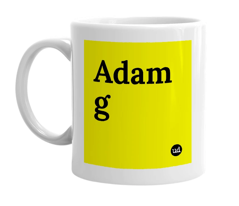 White mug with 'Adam g' in bold black letters