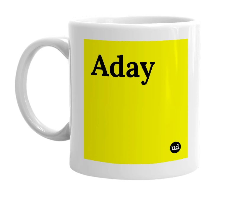 White mug with 'Aday' in bold black letters