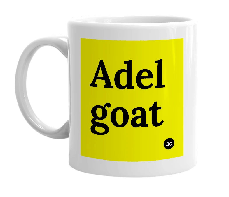 White mug with 'Adel goat' in bold black letters