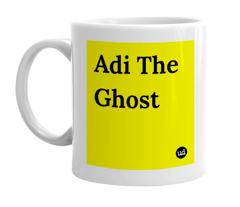 White mug with 'Adi The Ghost' in bold black letters