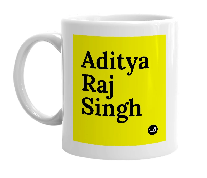 White mug with 'Aditya Raj Singh' in bold black letters