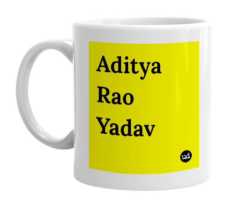White mug with 'Aditya Rao Yadav' in bold black letters