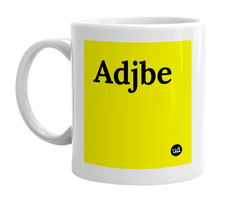 White mug with 'Adjbe' in bold black letters