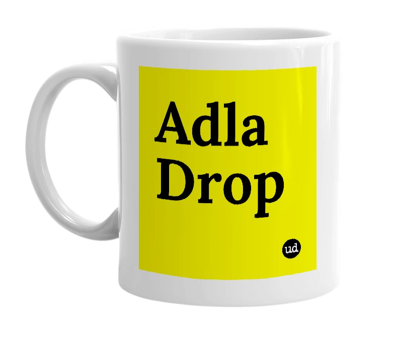White mug with 'Adla Drop' in bold black letters
