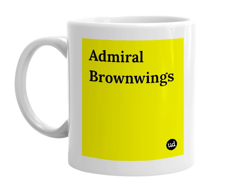 White mug with 'Admiral Brownwings' in bold black letters