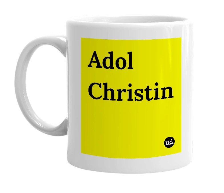 White mug with 'Adol Christin' in bold black letters